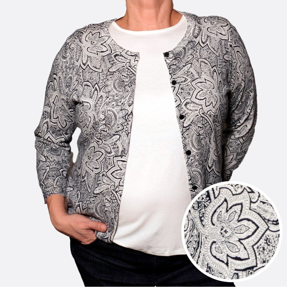 Talbots Navy‎ Cream Paisley Cardigan 100% Cotton Knit Sweater 0X L Button Up NWT